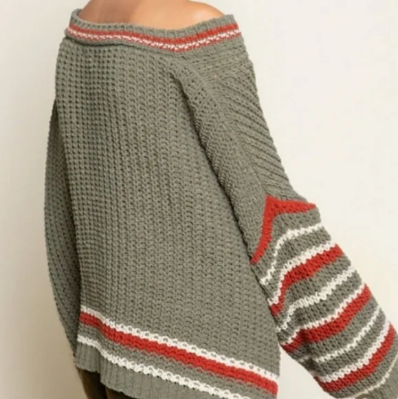 POL BEST SELLER BOYFRIEND Chunky Green And Multi Stripe Color Cozy Sweater - Picture 3 of 7